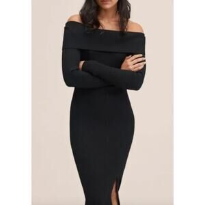 New MNG MANGO Black Off Shoulder Long Sleeve Ribbed Sweater Dress S
